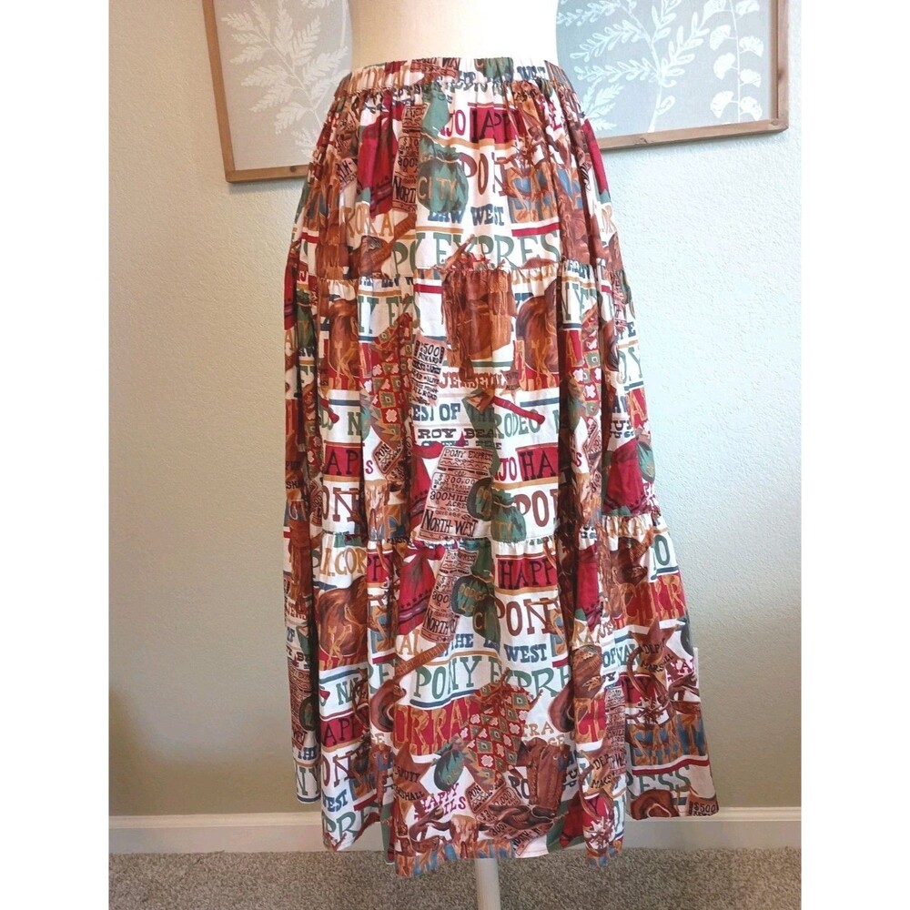 Vtg LIZA LYNN Tiered Maxi Skirt Western One Size Cowboy Print Boho Festival